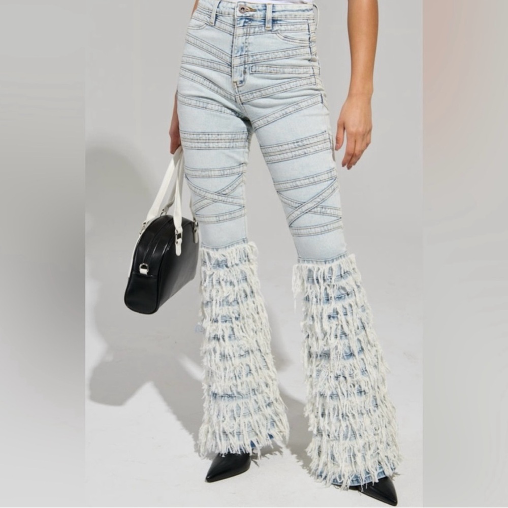 AKIRA Light Blue Fringed Flare Jeans